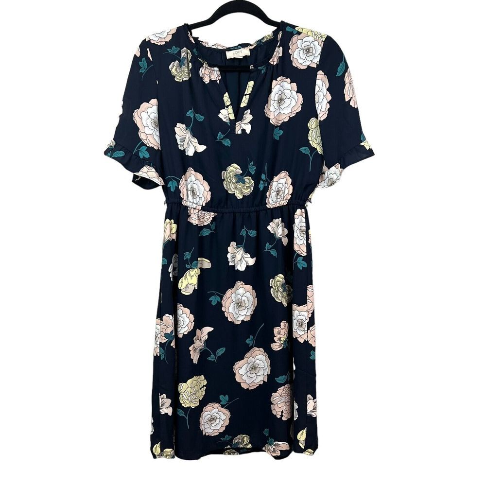 Loft Outlet Womens Dress Floral Fit & Flare Ruffled Sleeves Lined Blue Size SP*